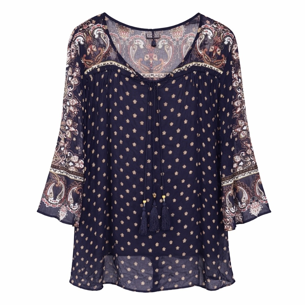 Angie Boho Paisley Blouse Large Navy Blue Peasant Top Tassel Tie Western Hippie